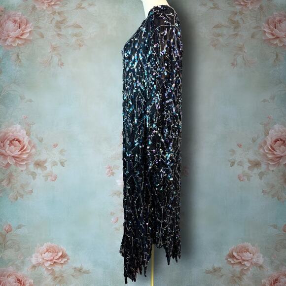 Vintage Saint Honore 100% Silk Beaded & Sequin Jagged Edge Midi Shift Dress - Picture 7 of 10